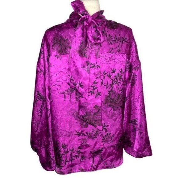 NWT ZARA FUCHSIA JACOUARD SATIN PRINTED JAPANESE BLOUSE Sz SMALL - Picture 7 of 7